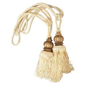 Elegant Beige Curtain Tiebacks With Wooden Crown Bead with Tassel Ends & Rope Lo